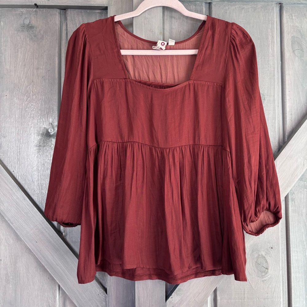 Anthropologie Dolan Rust Orange Peasant Milk Maid Blouse‎ Satin and Knit Size S